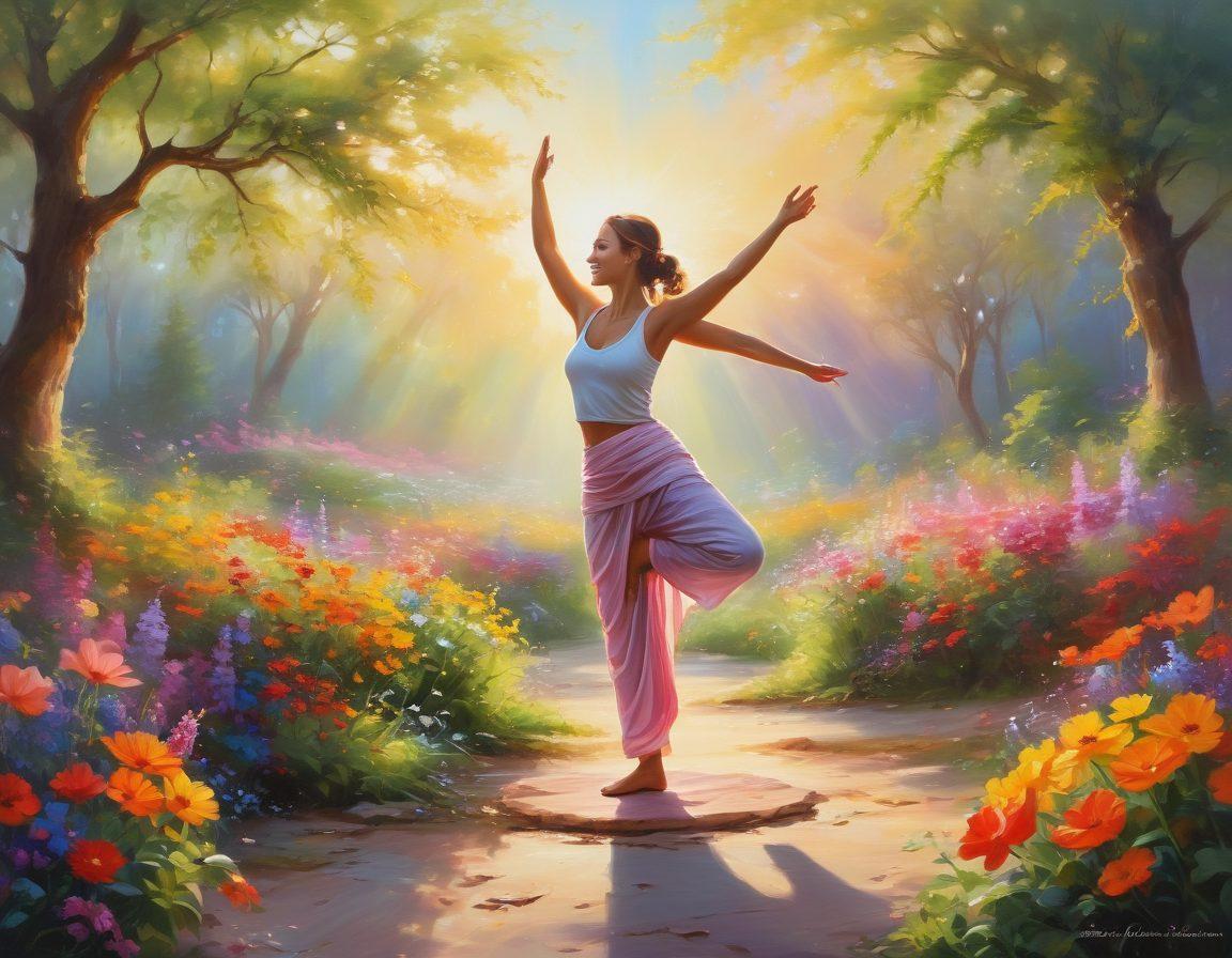A serene landscape bursting with colorful flowers and bright sunshine, featuring a joyful figure practicing yoga with open arms, embodying radiance and positivity. In the background, people engaging in various joyful activities like dancing and laughing, with vibrant greenery surrounding them. An ethereal glow illuminates the scene, symbolizing exuberance and joy. painting. vibrant colors.