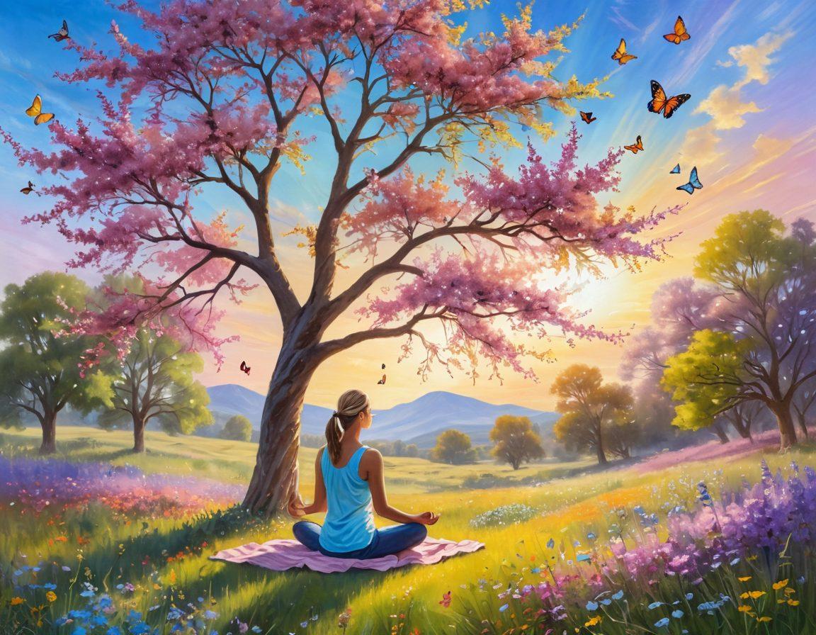 A serene landscape featuring a sunlit meadow filled with vibrant wildflowers, a person meditating under a blossoming tree, the sun casting warm rays, and butterflies fluttering around, symbolizing joy and positivity. Soft pastel colors. bright, uplifting atmosphere. painting.